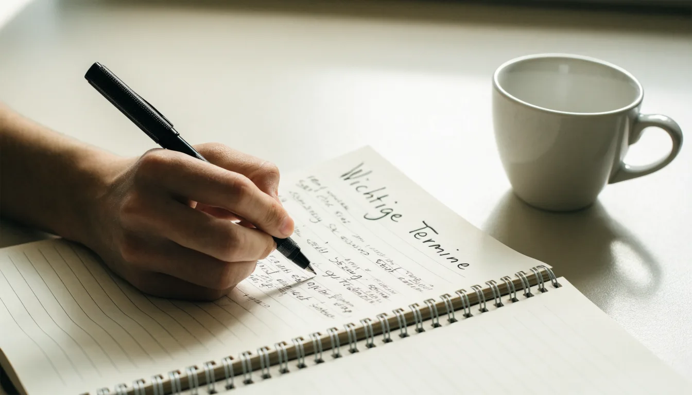 Ein aufgeschlagenes Notizbuch mit handschriftlichen Notizen und ein Kugelschreiber liegen auf einem hellen Schreibtisch neben einer Kaffeetasse.