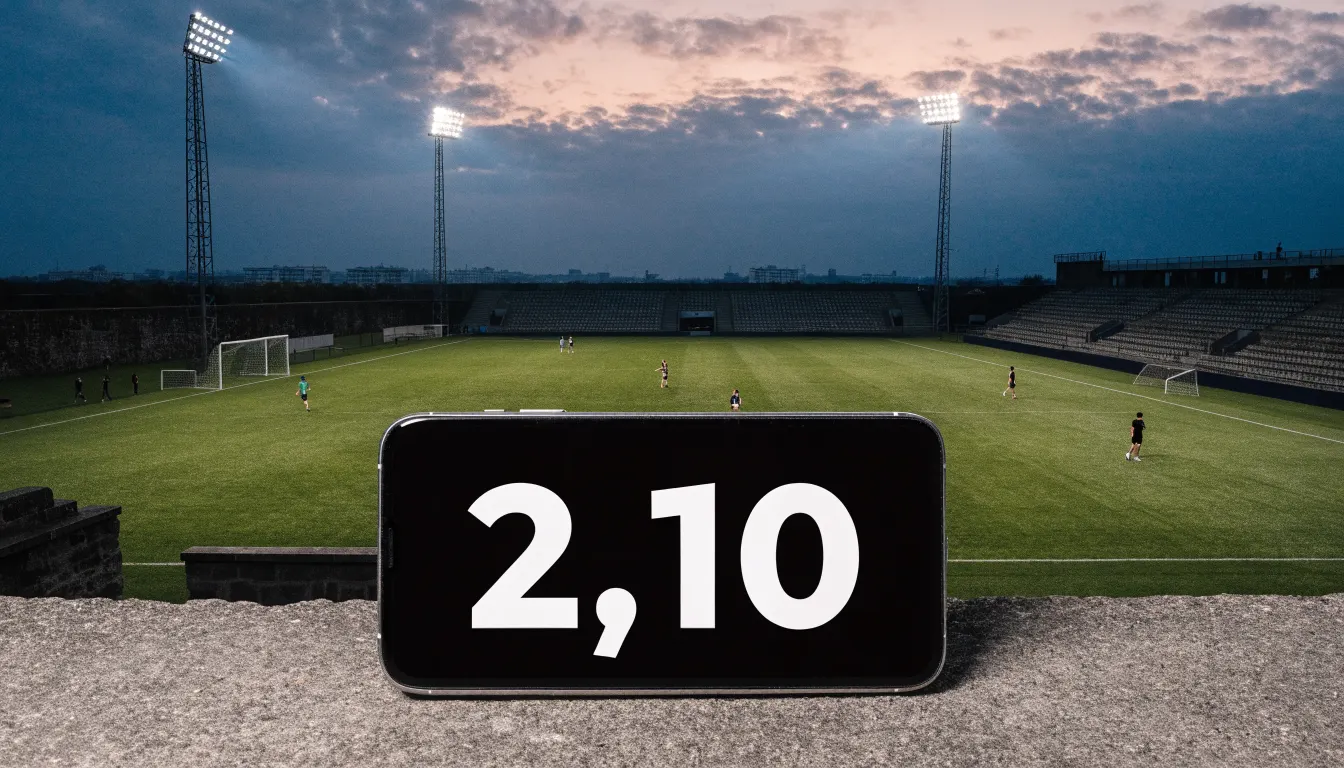 Ein Fußballplatz mit Flutlichtmasten in der Abenddämmerung, aus der Ferne gesehen, leere Tribünen und nasser Rasen unter bewölktem Himmel.