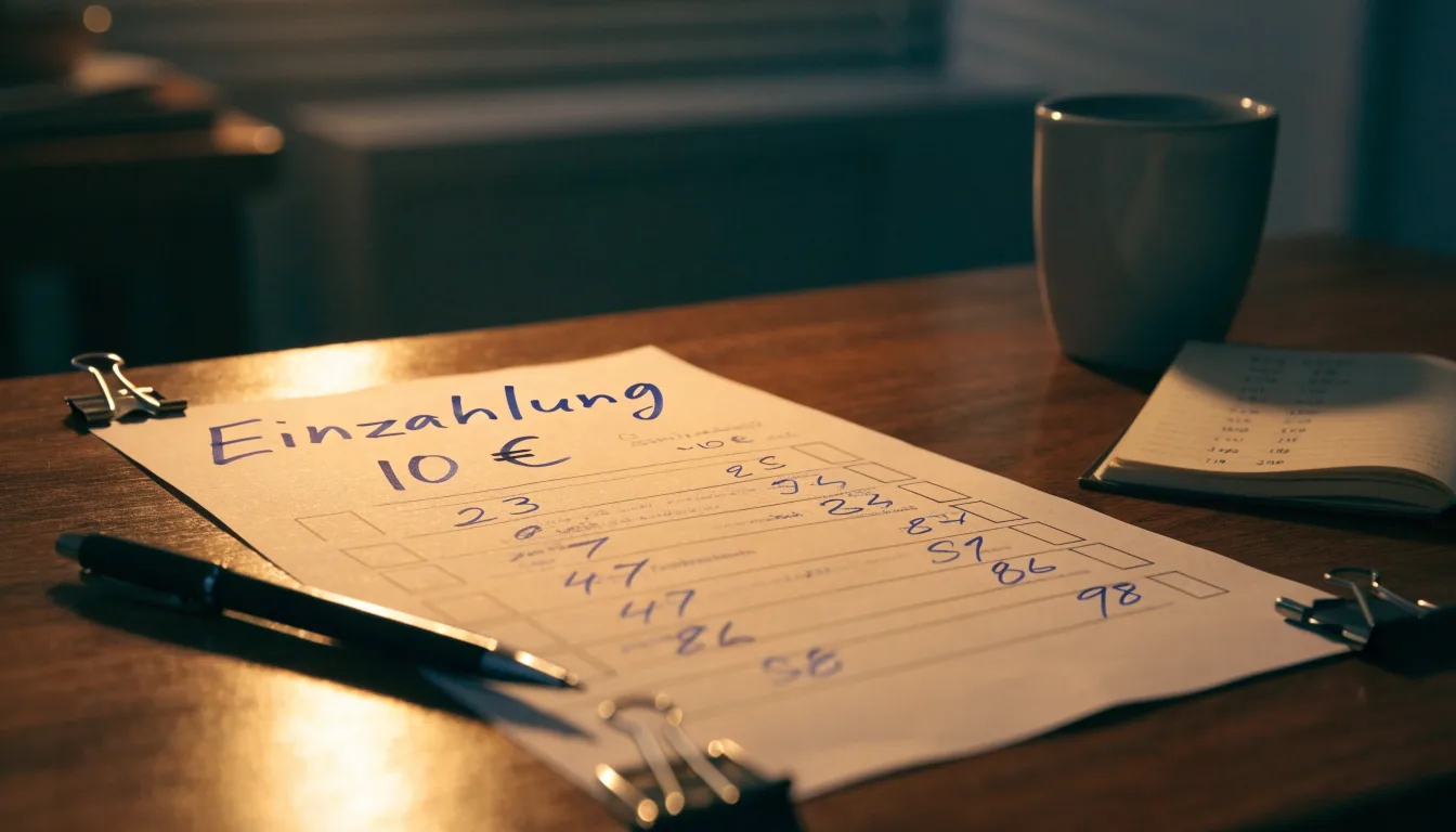 Ein Taschenrechner und ein Blatt Papier mit handschriftlichen Notizen liegen auf einem Schreibtisch unter dem warmen Licht einer Lampe.