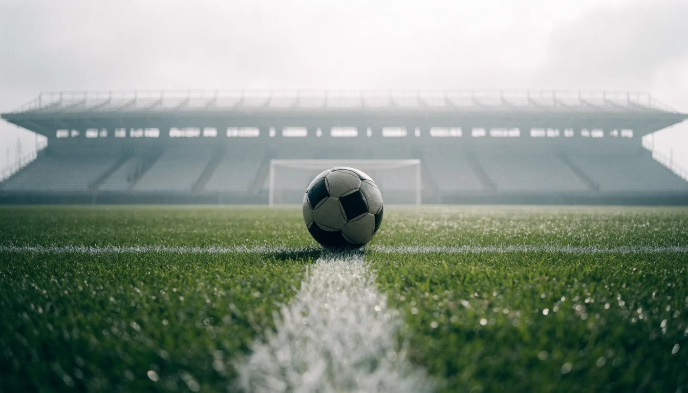 Ein Fußball liegt auf dem Elfmeterpunkt eines leeren Rasenplatzes, im Hintergrund eine Tribüne im Dunst.