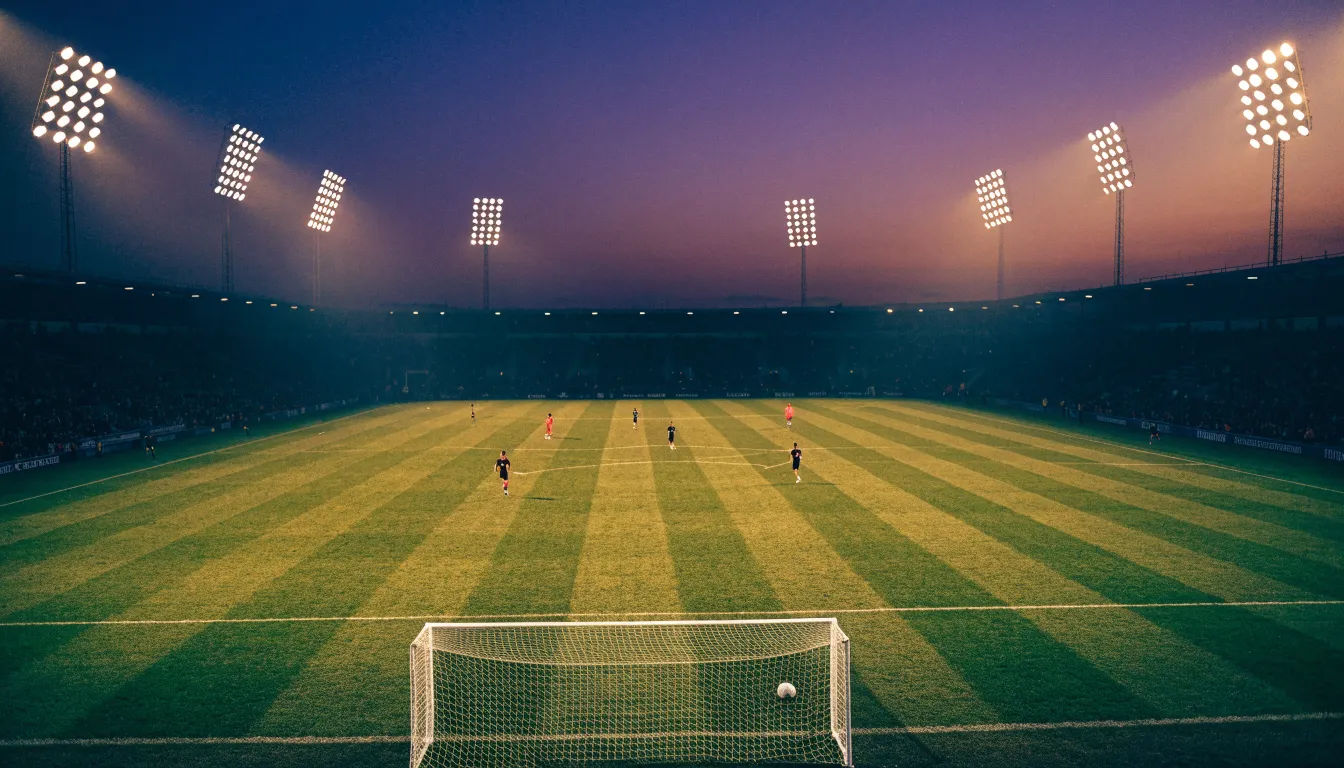 Ein Fußballstadion von außen in der Dämmerung, hohe Flutlichtmasten vor einem violetten Himmel, davor ein leerer Parkplatz.