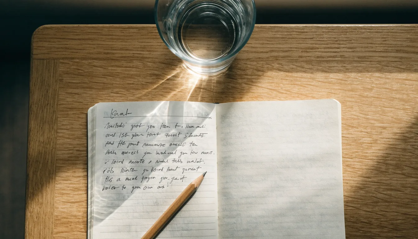 Ein aufgeschlagenes Heft mit handschriftlichen Notizen und ein Bleistift liegen auf einem Schreibtisch, daneben ein Glas Wasser.