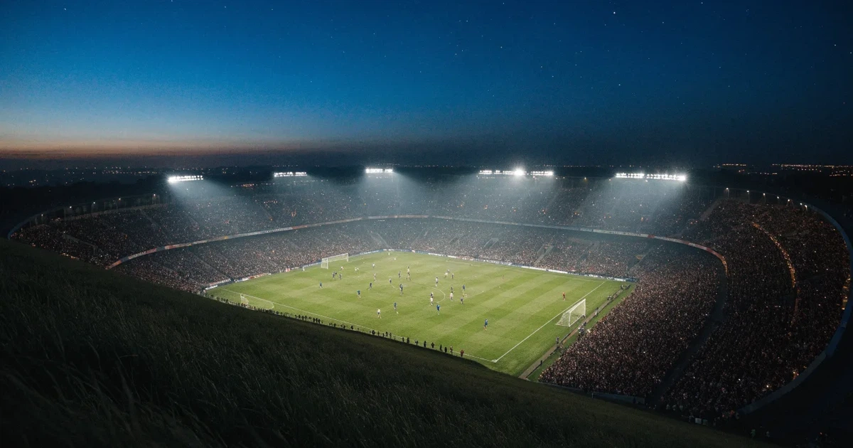 Ein Fußballstadion unter Flutlicht mit hellen Rängen, von einem Hügel aus gesehen, darüber ein dunkelblauer Abendhimmel.