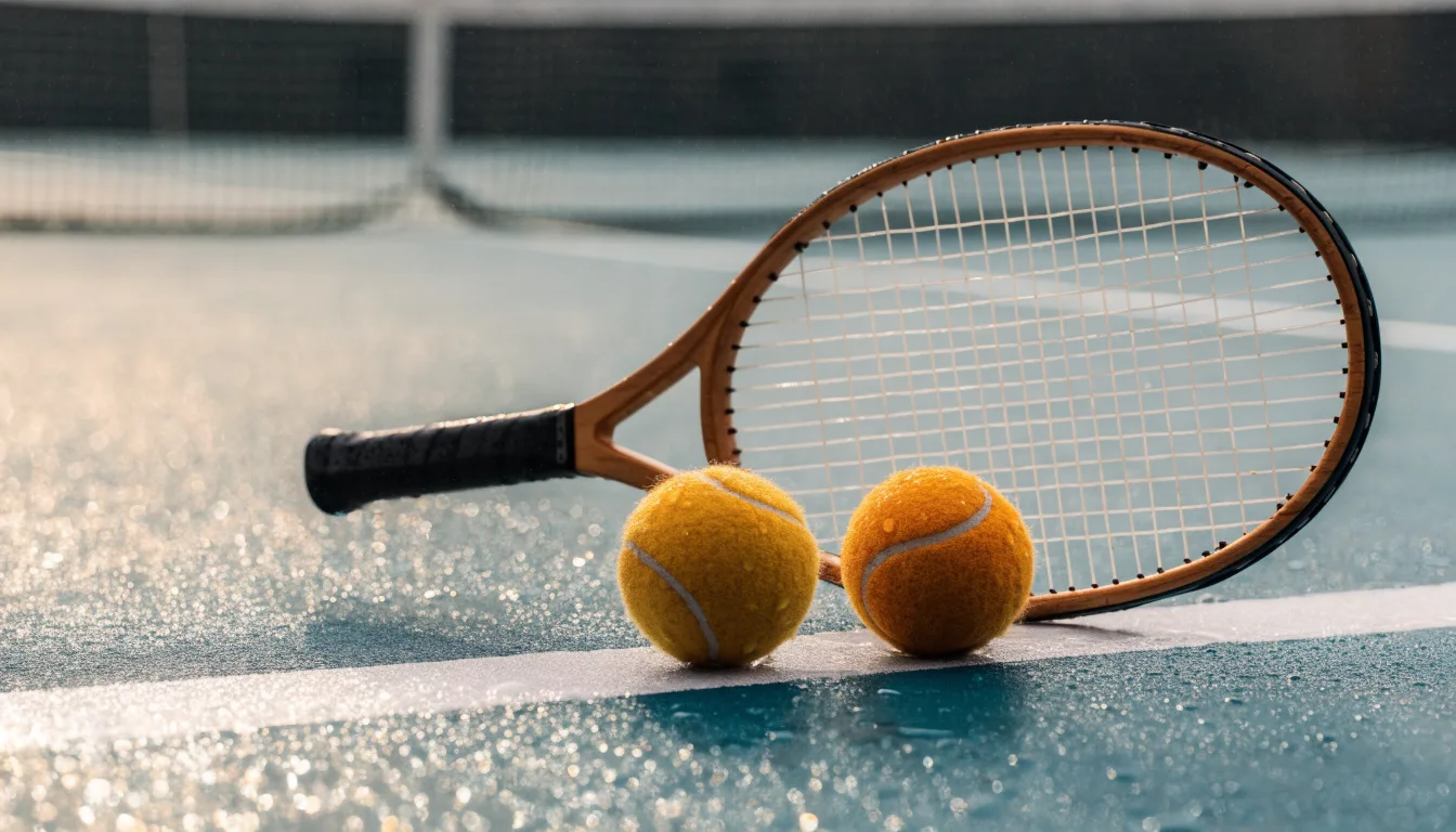 Zwei Tennisbälle und ein Schläger liegen auf der Grundlinie eines Hartplatzes, kleine Wassertropfen glänzen auf dem Belag.