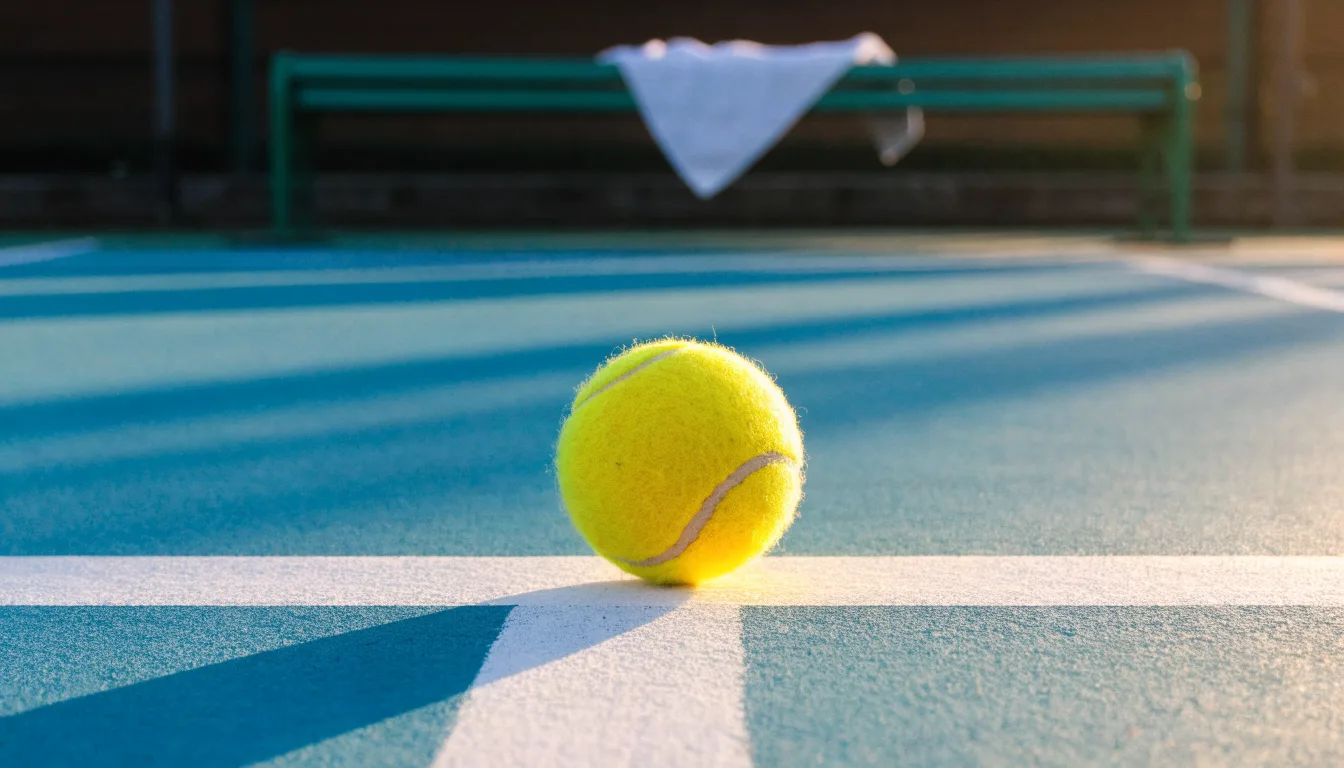 Ein gelber Tennisball liegt auf einer weißen Linie, daneben ein Handtuch auf einer Bank am Spielfeldrand.