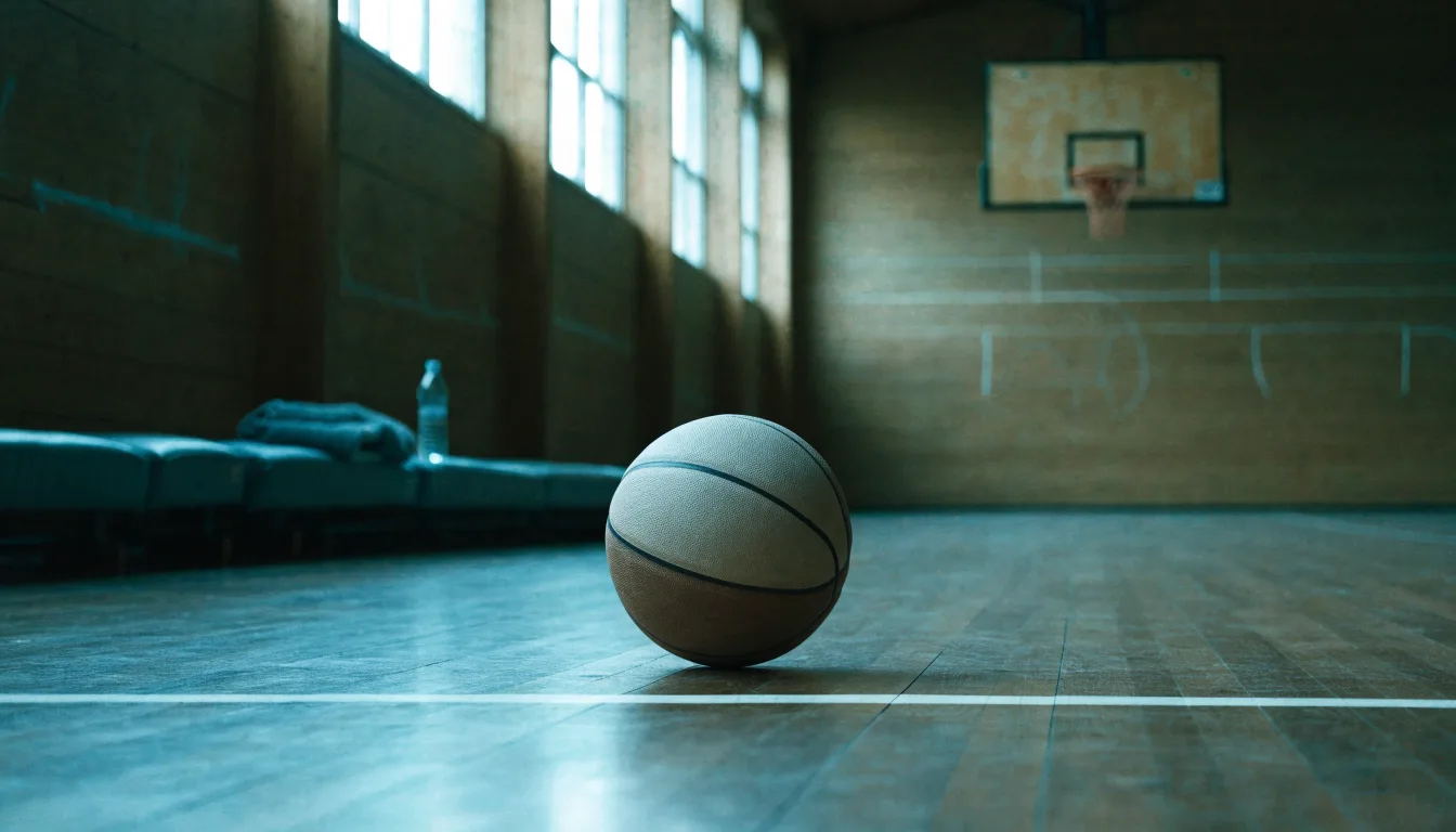 Ein Basketball liegt auf der Freiwurflinie einer Halle, im Vordergrund ein Handtuch auf einer Bank.