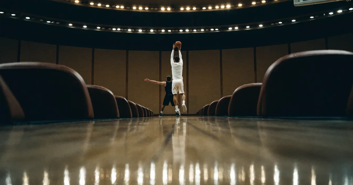 Eine leere Basketballhalle mit glänzendem Parkett und einem Korb im Hintergrund, Licht von Deckenstrahlern spiegelt sich im Boden.