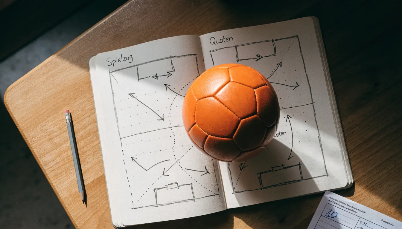 Ein Fußball liegt auf einem Notizbuch mit handgezeichneten Skizzen von Spielzügen, aufgenommen von oben auf einem Holztisch.