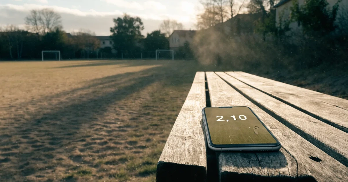 Ein sandiger Fußballplatz am Rand einer Stadt in warmem Abendlicht, Staub in der Luft und zwei Tore in der Ferne.