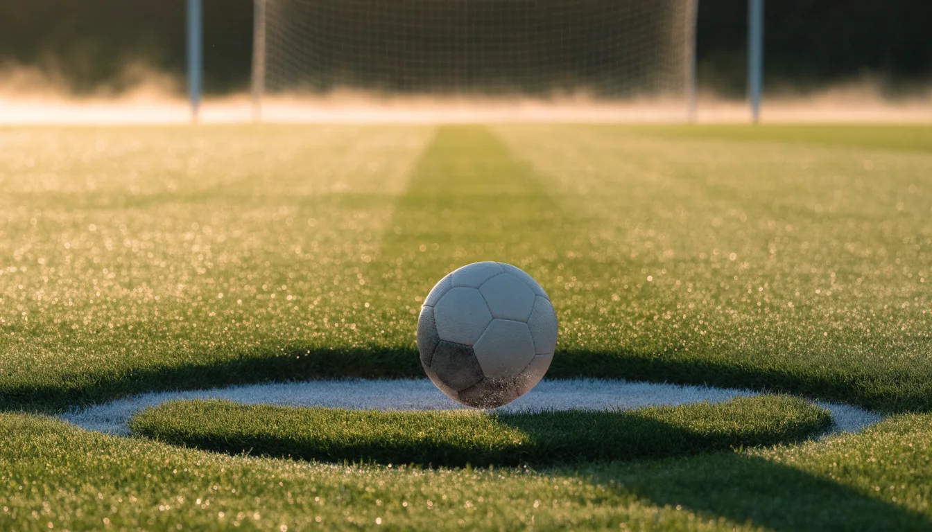 Ein Fußball liegt auf dem Anstoßpunkt eines Rasens bei Sonnenaufgang, Tau glitzert auf den Halmen.