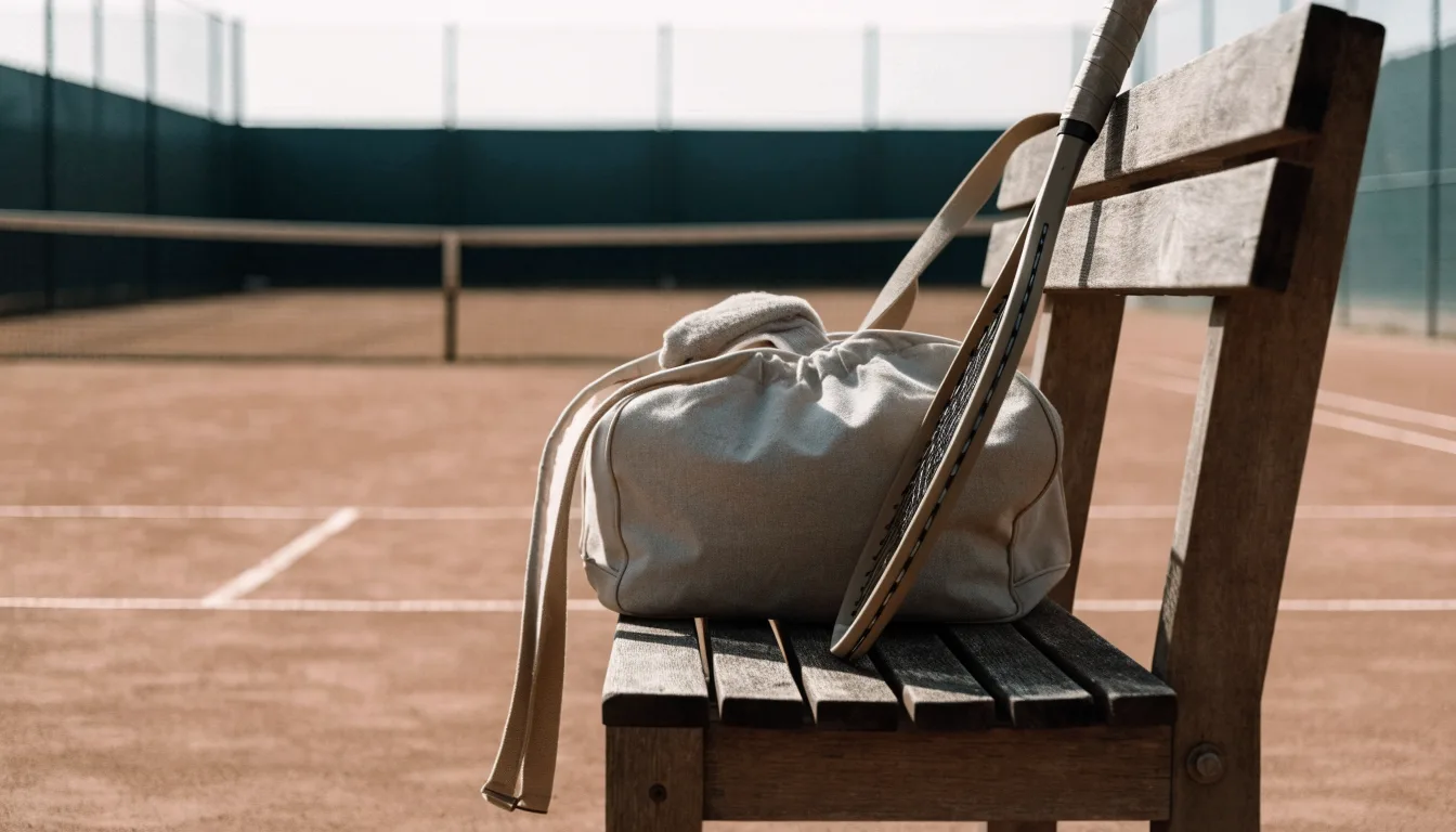 Ein Tennisschläger lehnt an einer Bank neben einer Sporttasche, im Hintergrund ein leerer Platz.