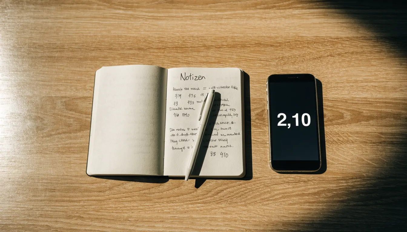 Ein Notizbuch mit handschriftlichen Notizen und ein Kugelschreiber liegen neben einem Smartphone mit dunklem Display auf einem Holztisch.