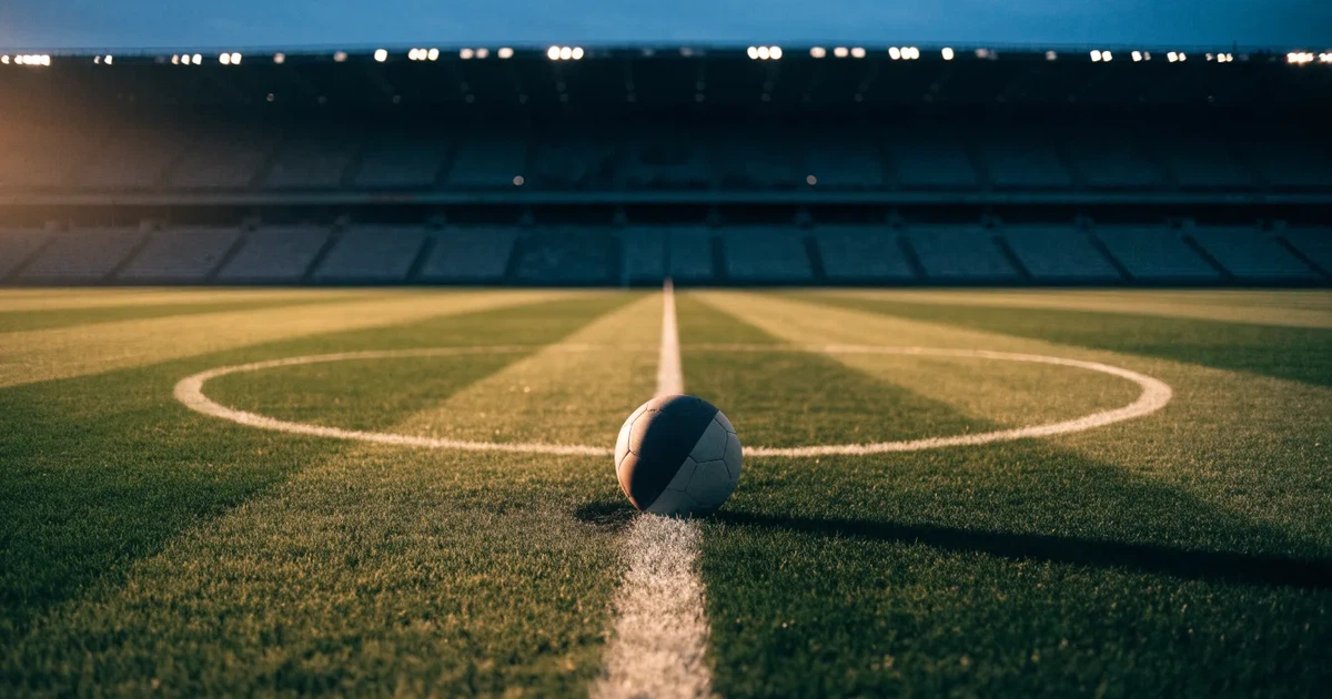 Ein Fußball liegt auf dem Anstoßpunkt eines leeren Rasenplatzes, im Hintergrund eine große Stadiontribüne im Abendlicht.