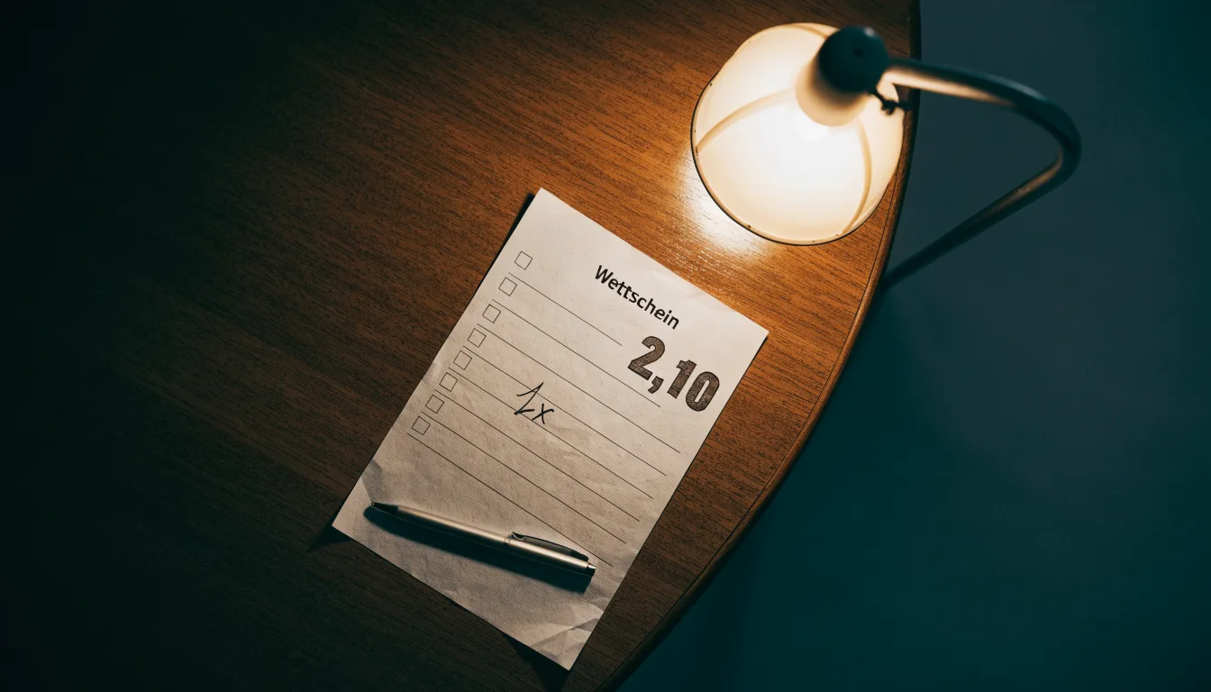 Ein leerer Wettschein aus Papier liegt neben einem Stift auf einem Schreibtisch im Licht einer kleinen Tischlampe.