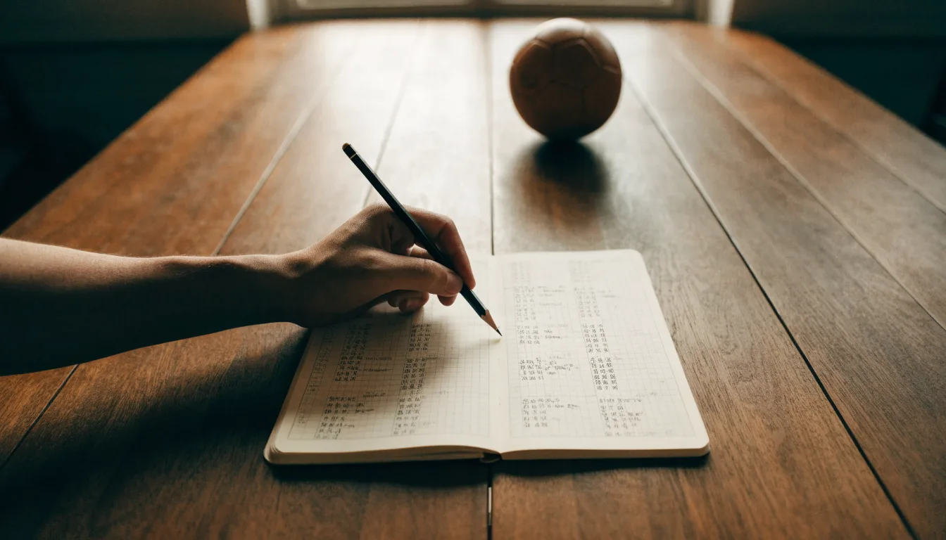 Eine Hand notiert mit Bleistift Zahlen in ein kariertes Heft, daneben liegt ein kleiner Lederfußball auf einer Holzplatte.
