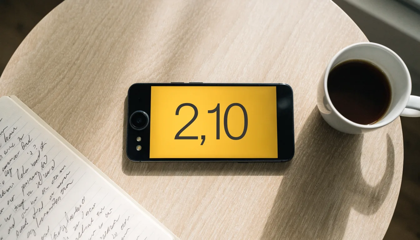Ein Smartphone mit dunklem Display liegt neben einer Kaffeetasse und einem Notizblock auf einem hellen Tisch.