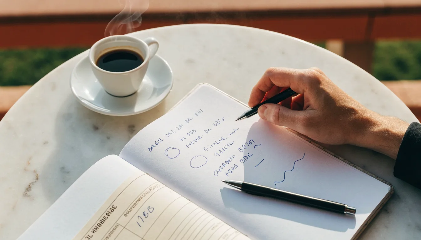 Eine Espressotasse steht auf einem kleinen Marmortisch einer Terrasse, daneben ein Notizheft mit handschriftlichen Skizzen.