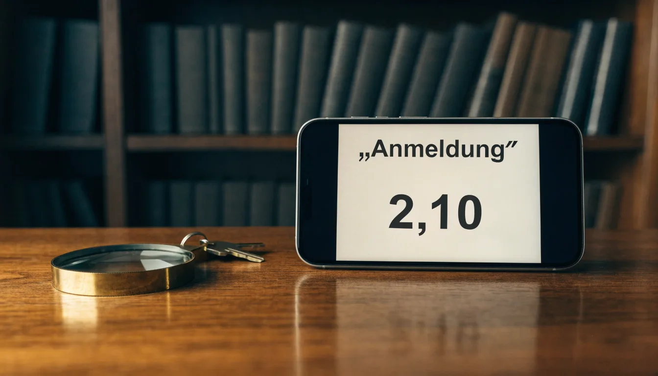 Ein Schlüsselbund und eine Lupe liegen auf einem dunklen Holztisch, im Hintergrund unscharf ein Regal mit Büchern.