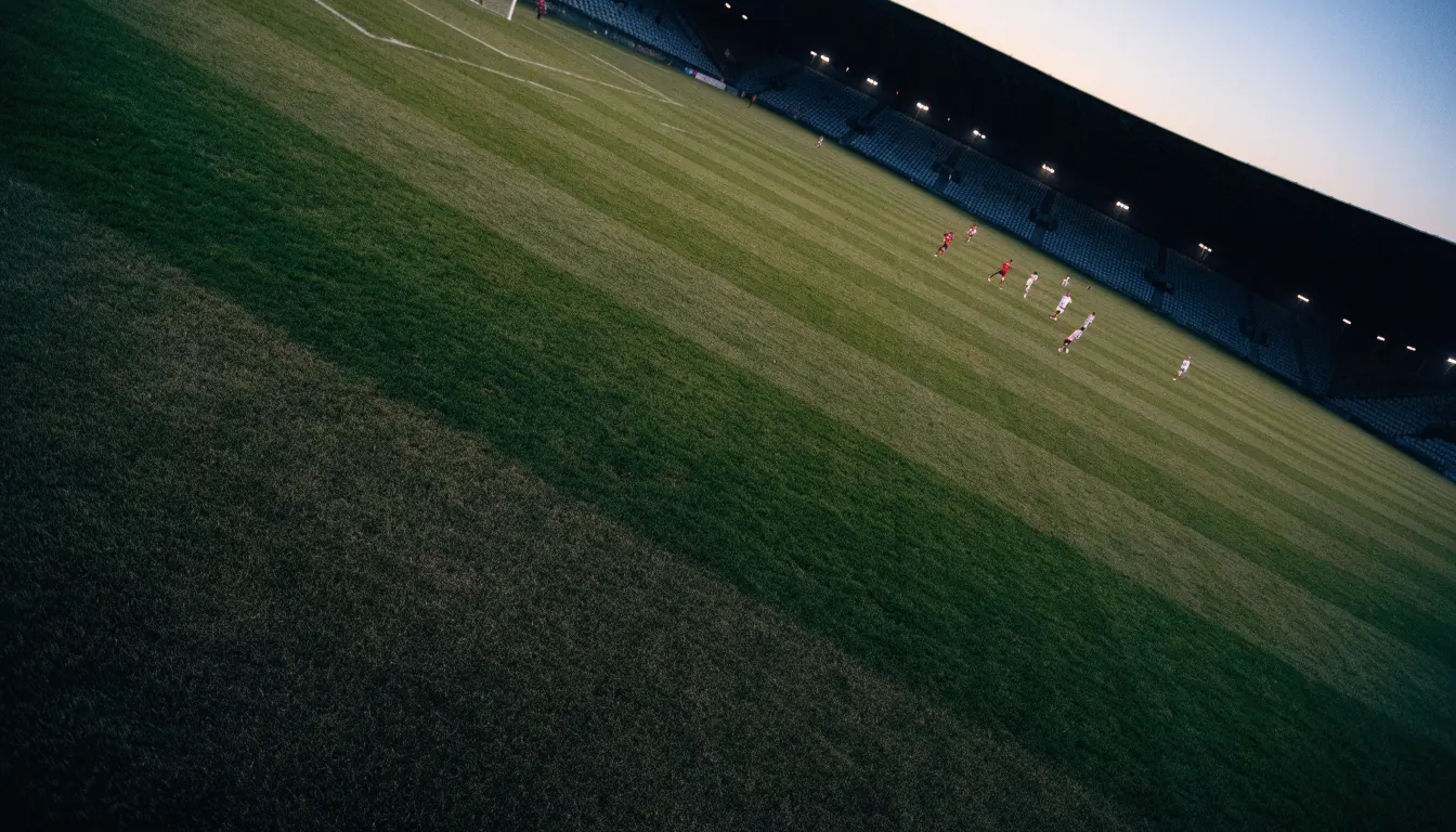 Eine leere Stadiontribüne unter Flutlicht aus der Ferne betrachtet, die Rasenfläche leuchtet grün in der Dämmerung.