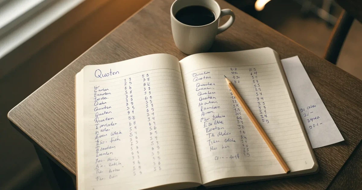 Ein aufgeschlagenes Notizbuch mit handschriftlichen Zahlenreihen und ein Bleistift liegen neben einem Taschenrechner auf einem Schreibtisch.