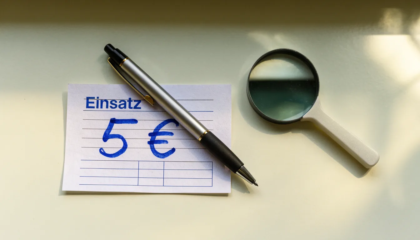 Ein leerer Wettschein aus Papier und ein Kugelschreiber liegen auf einem Schreibtisch neben einer Lupe.