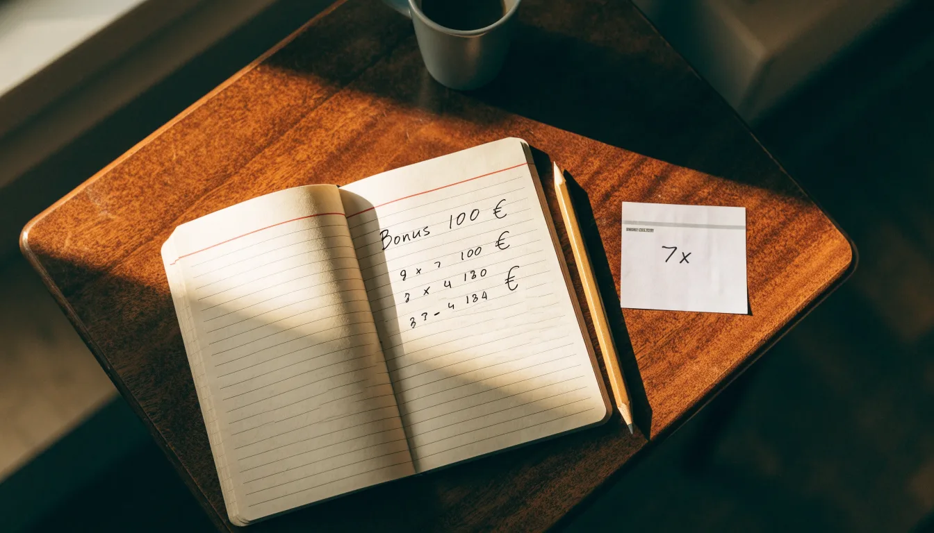 Ein Notizbuch mit handschriftlichen Rechnungen und ein Taschenrechner liegen auf einem aufgeräumten Schreibtisch in warmem Licht.