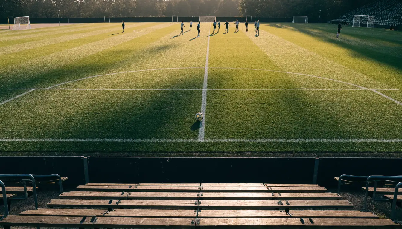 Ein Fußballplatz mit frisch gezogenen Kreidelinien im ersten Morgenlicht, leere Ersatzbänke am Spielfeldrand.