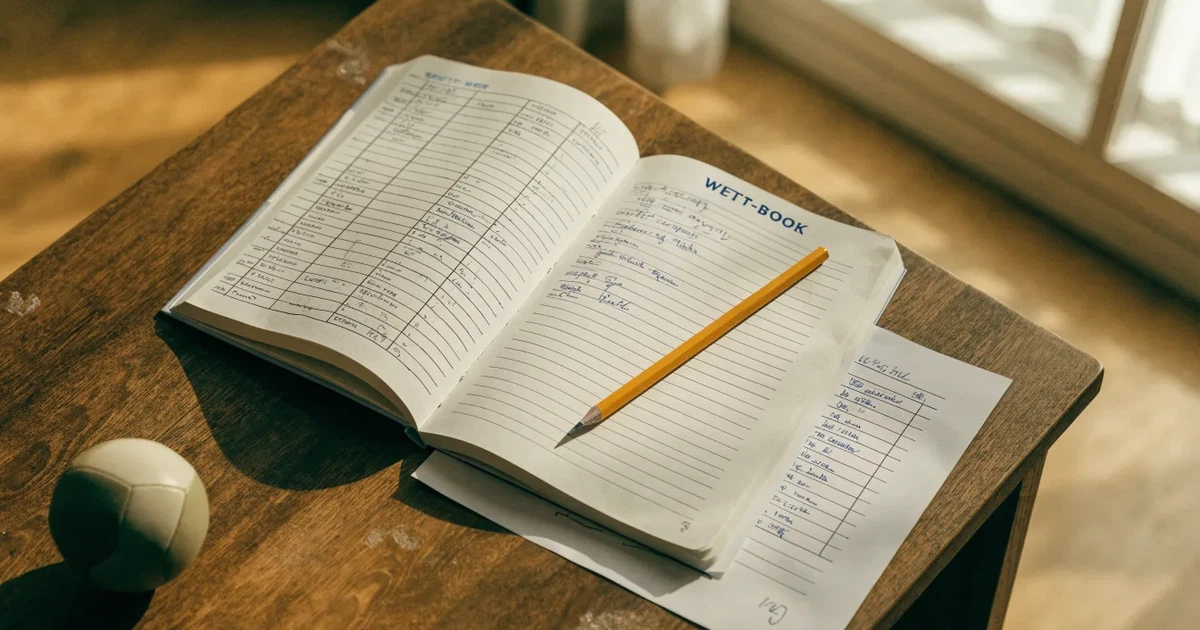 Ein Notizbuch mit handschriftlichen Strichlisten, ein Bleistift und ein kleiner Fußball liegen auf einem Schreibtisch vor einem Fenster.