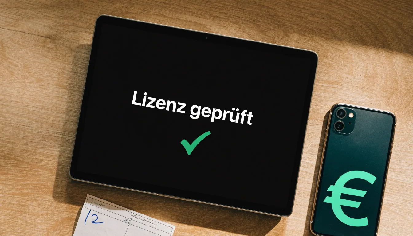 Ein Schlüsselbund liegt auf einer Holzplatte neben einem Taschenkalender, im Hintergrund eine verschwommene Büroeinrichtung.