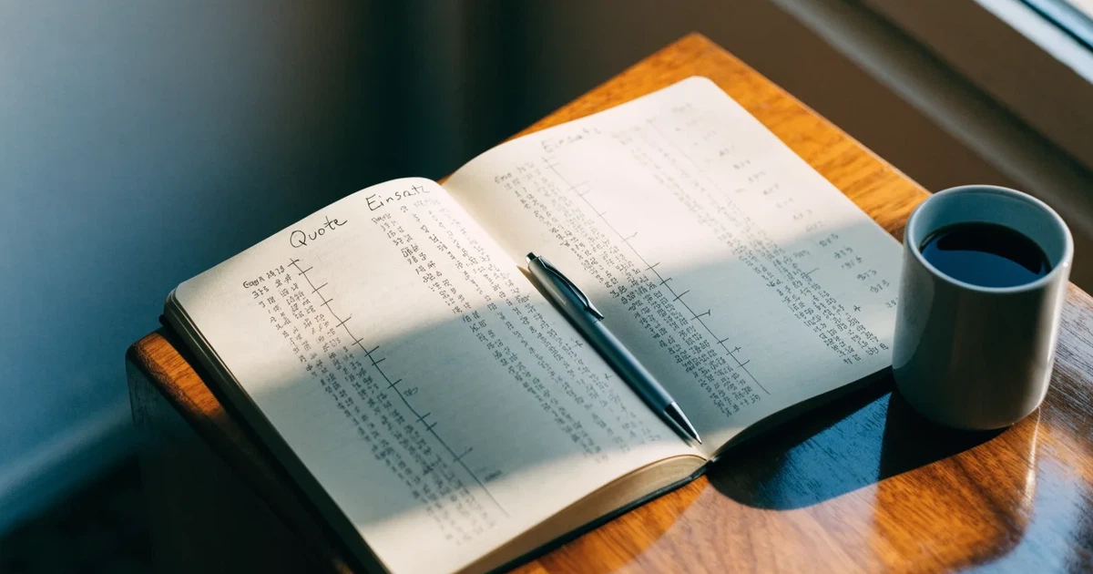 Ein aufgeklapptes Notizbuch mit handschriftlichen Pfeilen und Kreuzen liegt neben einem Kugelschreiber und einem Becher Kaffee auf einem Tisch am Fenster.