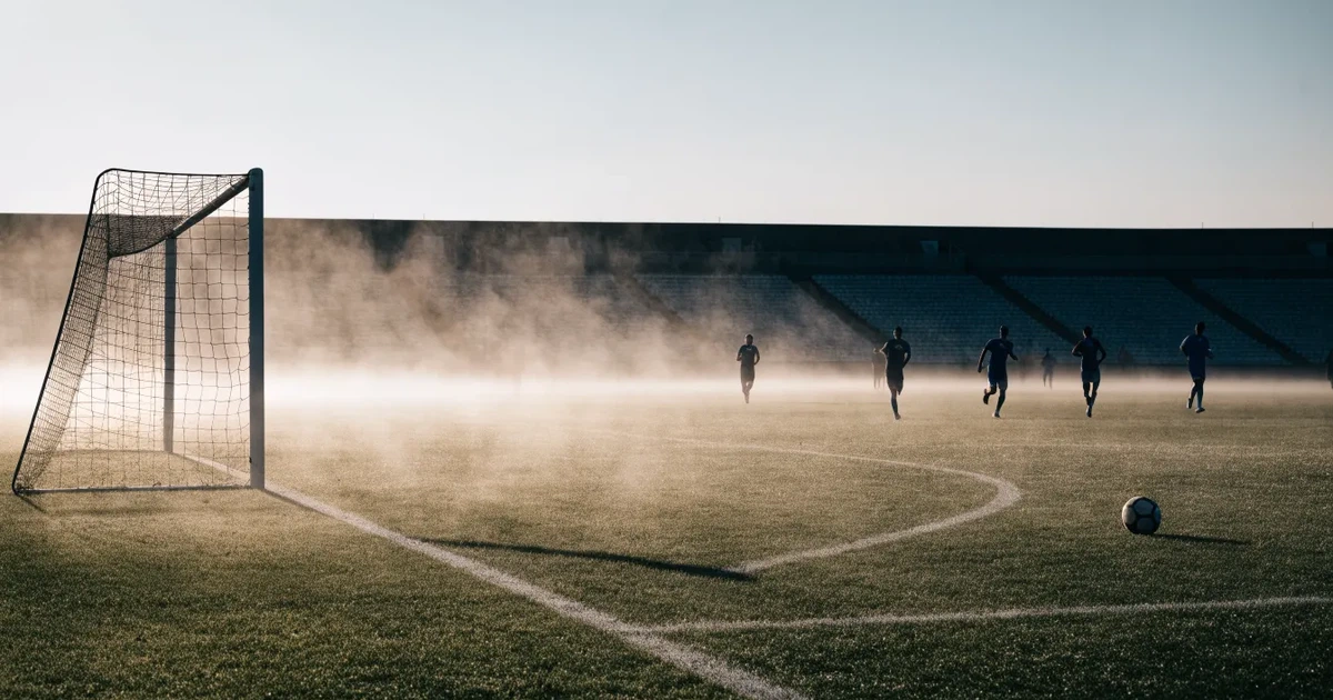 Ein Fußballplatz mit gepflegtem Rasen und einem Tor, über dem Spielfeld liegt Morgennebel, im Hintergrund eine leere Tribüne.