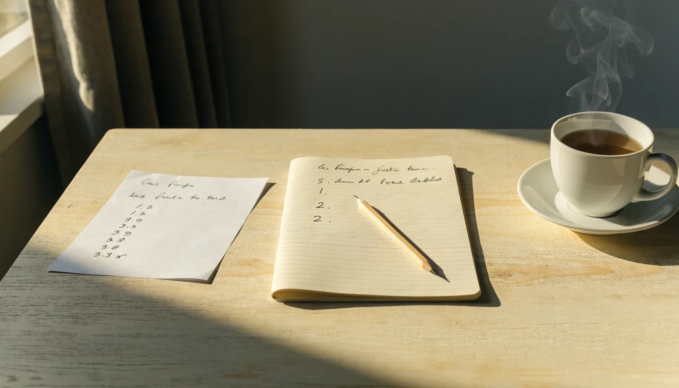 Ein Schreibtisch mit Taschenrechner, Bleistift und einem Block voller handschriftlicher Rechnungen, daneben eine Tasse Tee.
