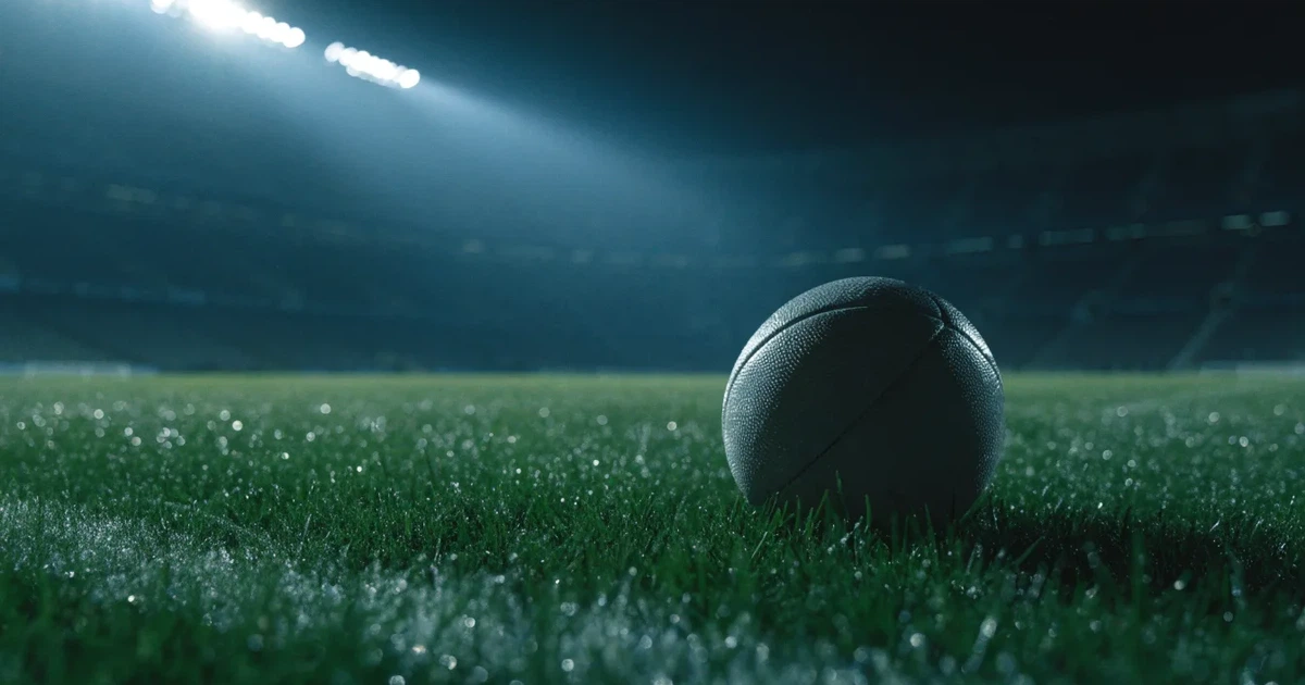 Ein Fußball liegt auf dem Rasen eines leeren Stadions bei Flutlicht, im Hintergrund unscharfe Tribünen ohne erkennbare Beschriftung.