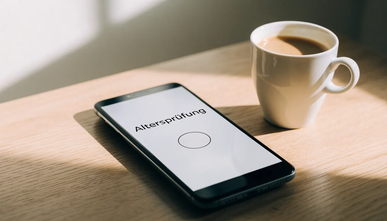 Ein Smartphone mit dunklem Display liegt neben einer Kaffeetasse auf einem Holztisch im Licht eines Fensters.
