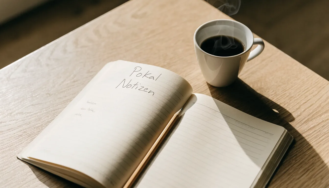 Ein aufgeschlagenes Notizbuch mit handgeschriebenen Stichpunkten und ein Bleistift liegen neben einer Kaffeetasse auf einem hellen Holztisch.