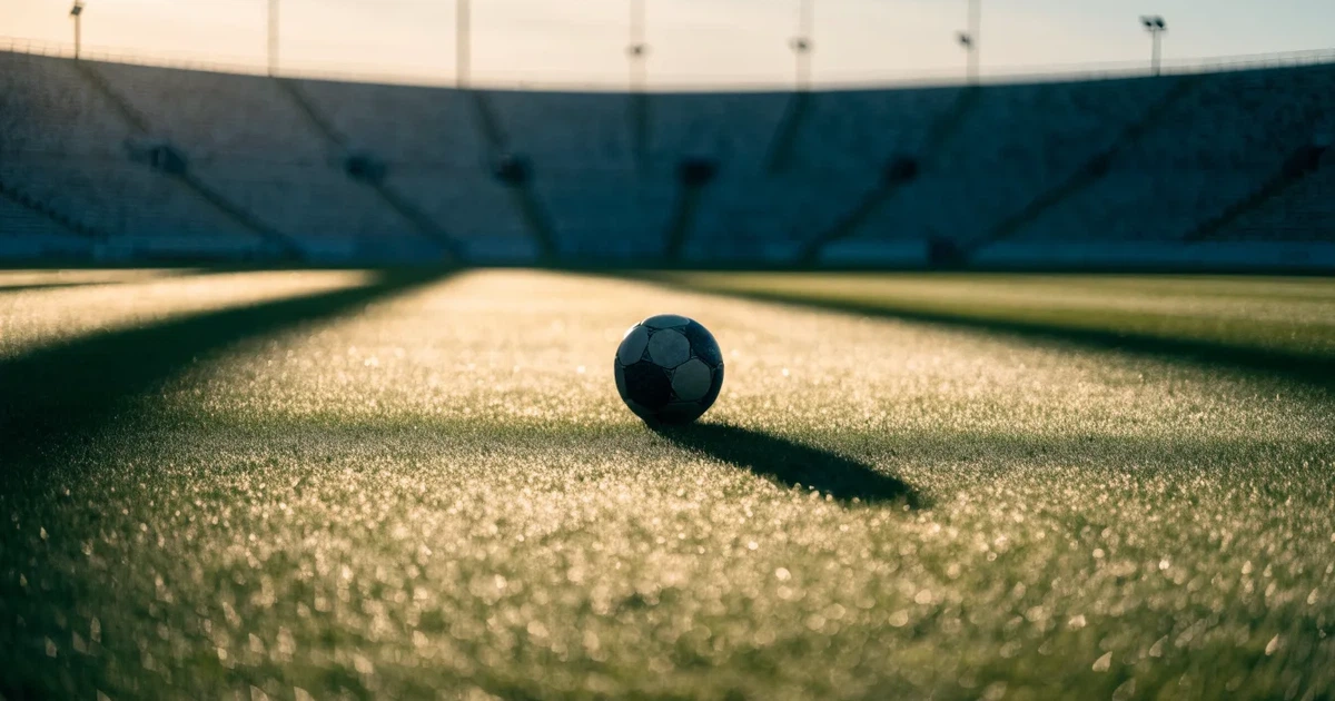 Ein Fußball liegt auf dem Mittelkreis eines Stadionrasens am frühen Morgen, im Hintergrund leere Ränge ohne erkennbare Beschriftung.