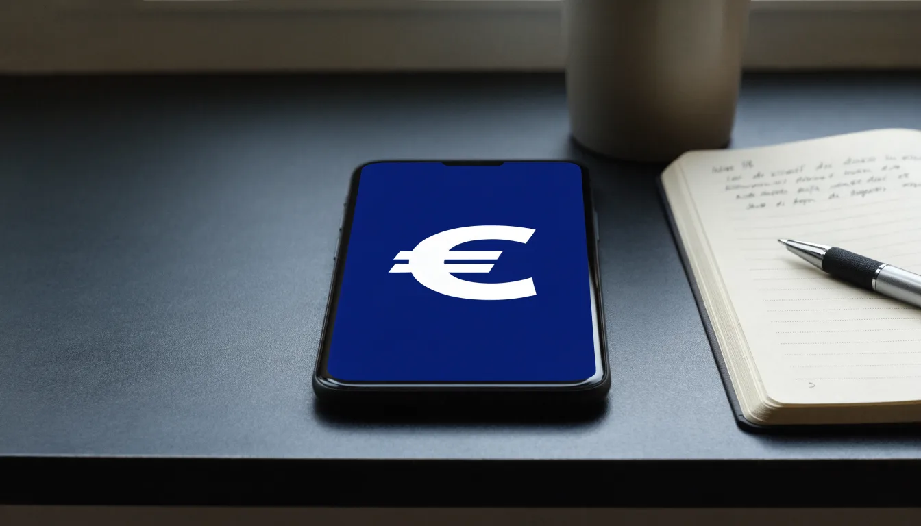 Ein Smartphone liegt mit dunklem Display auf einem Schreibtisch neben einem Notizbuch und einer Kaffeetasse.
