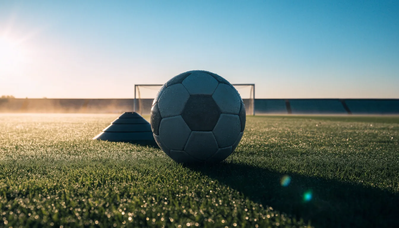 Ein Fußball liegt auf einem Rasenplatz bei Sonnenaufgang, daneben ein kleiner Stapel Trainingshütchen.