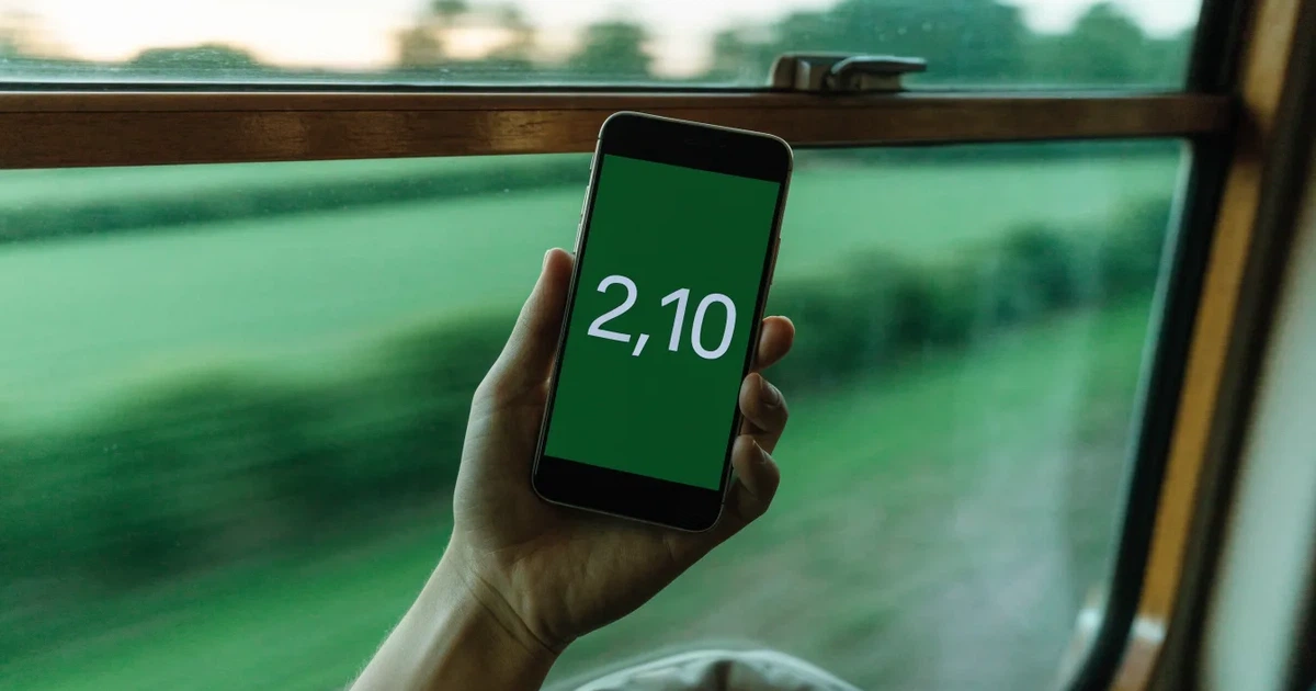 Eine Hand hält ein Smartphone mit dunklem Display in einem Zug, am Fenster ziehen verschwommen Felder vorbei.
