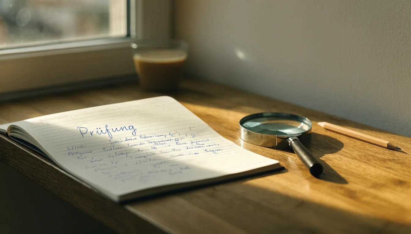Ein schmaler Schreibtisch am Fenster mit einem Notizbuch, einer Lupe und einem Bleistift im Morgenlicht.
