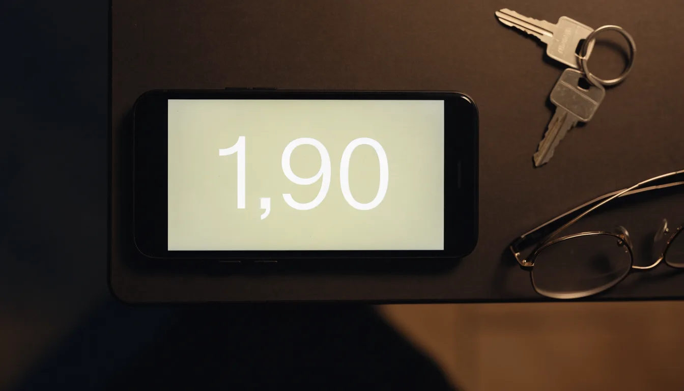 Ein Smartphone liegt mit dunklem Display auf einem Schreibtisch neben einem Schlüsselbund und einer Brille.