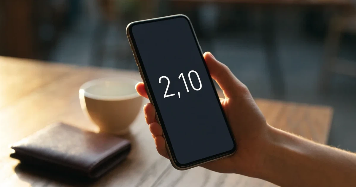 Eine Hand hält ein Smartphone mit dunklem Display, im Hintergrund unscharf ein Café-Tisch mit einer Tasse.