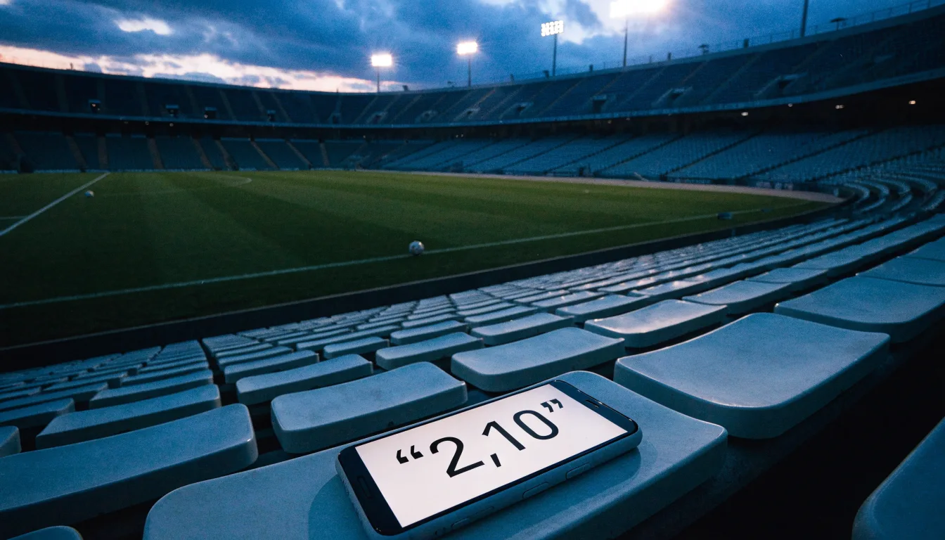 Eine leere Stadiontribüne unter Flutlicht aus der Ferne betrachtet, die Rasenfläche leuchtet grün in der Dämmerung.