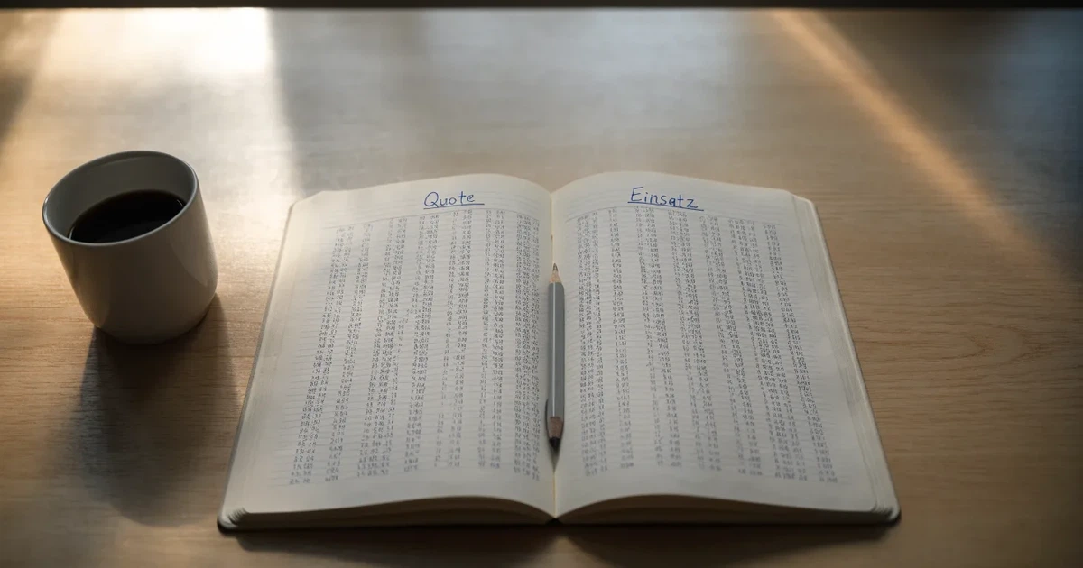 Handschriftliche Zahlenkolonnen in einem Notizbuch, daneben ein Bleistift und eine Tasse Kaffee auf hellem Holz.