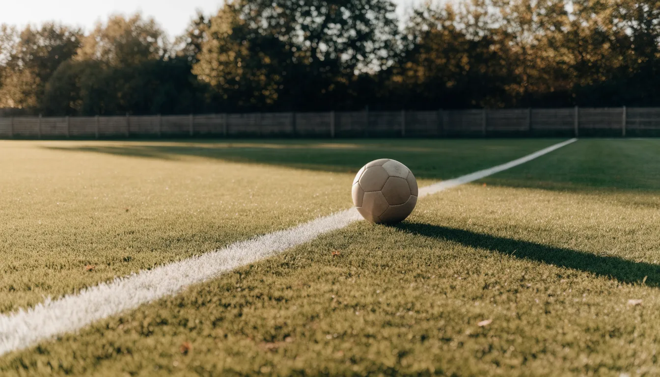 Ein Fußball liegt am Rand eines Rasens neben einer weißen Linie, im Hintergrund ein Zaun in der Abendsonne.