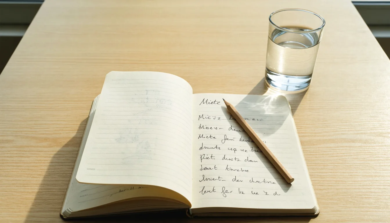 Ein Notizbuch und ein Bleistift liegen neben einem Glas Wasser auf einem hellen Tisch.