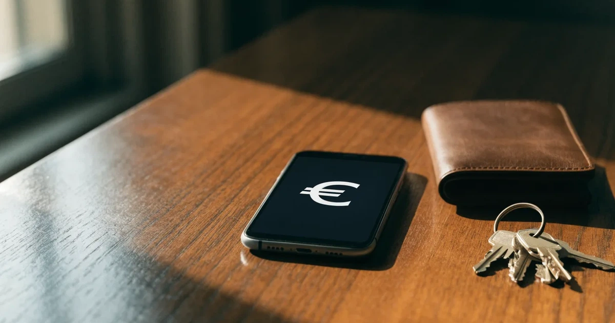 Ein Smartphone mit dunklem Display liegt neben einer Geldbörse und einem Schlüssel auf einem Tisch.