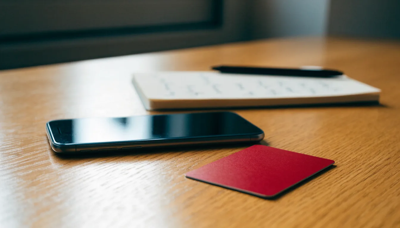 Eine Bankkarte ohne Aufdruck liegt neben einem Smartphone mit dunklem Display auf einem Holztisch.