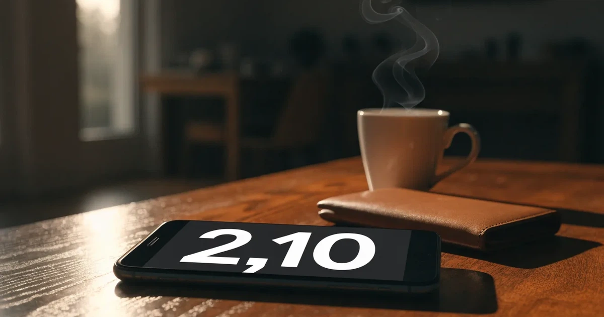 Ein Smartphone mit dunklem Display liegt auf einem Tisch neben einer Geldbörse und einer Tasse Kaffee.