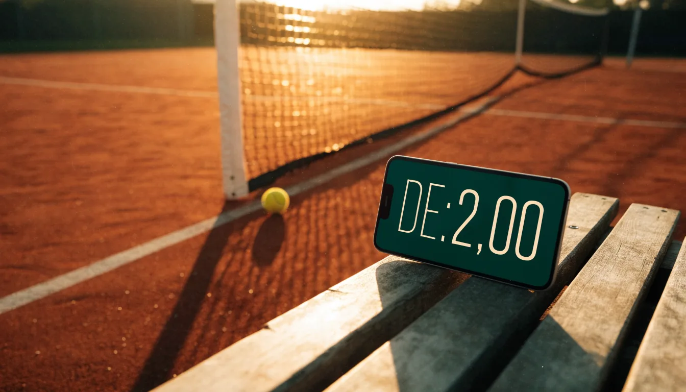 Ein Tennisplatz aus Sand bei Sonnenaufgang, das Netz im Gegenlicht, kein Mensch zu sehen.